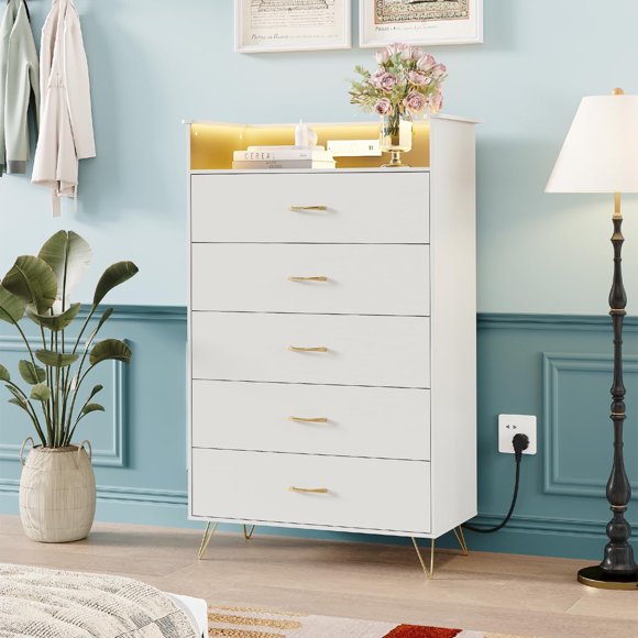 Modern 5-Drawer Tall Dresser for Bedroom, Wood Chest of Drawers with Silent Closing Slides, Water-Resistant White Storage Organizer for Hallway, Closet