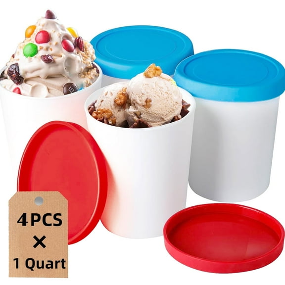 Ice Cream Containers Storage for Homemade (4 Pack - 1 Quart Each), Reusable for Freezer, Leak-Free with Silicone Lids