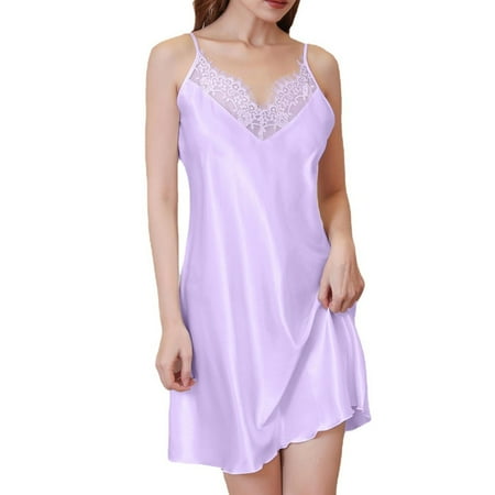 Huuilaibazoo Women Silk Satin Nightgown Sexy Lace Chemise Lingerie Short Sleepdress for Ladies Sleepwear Slip Negligee