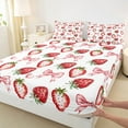 thumbnail image 3 of Manfei Red Strawberry Fruit Bed Sheets for Teen, Princess Bowknot King Sheets, Kawaii Cartoon Food Sheet Set, Breathable Home Decor, 4pcs, 3 of 7