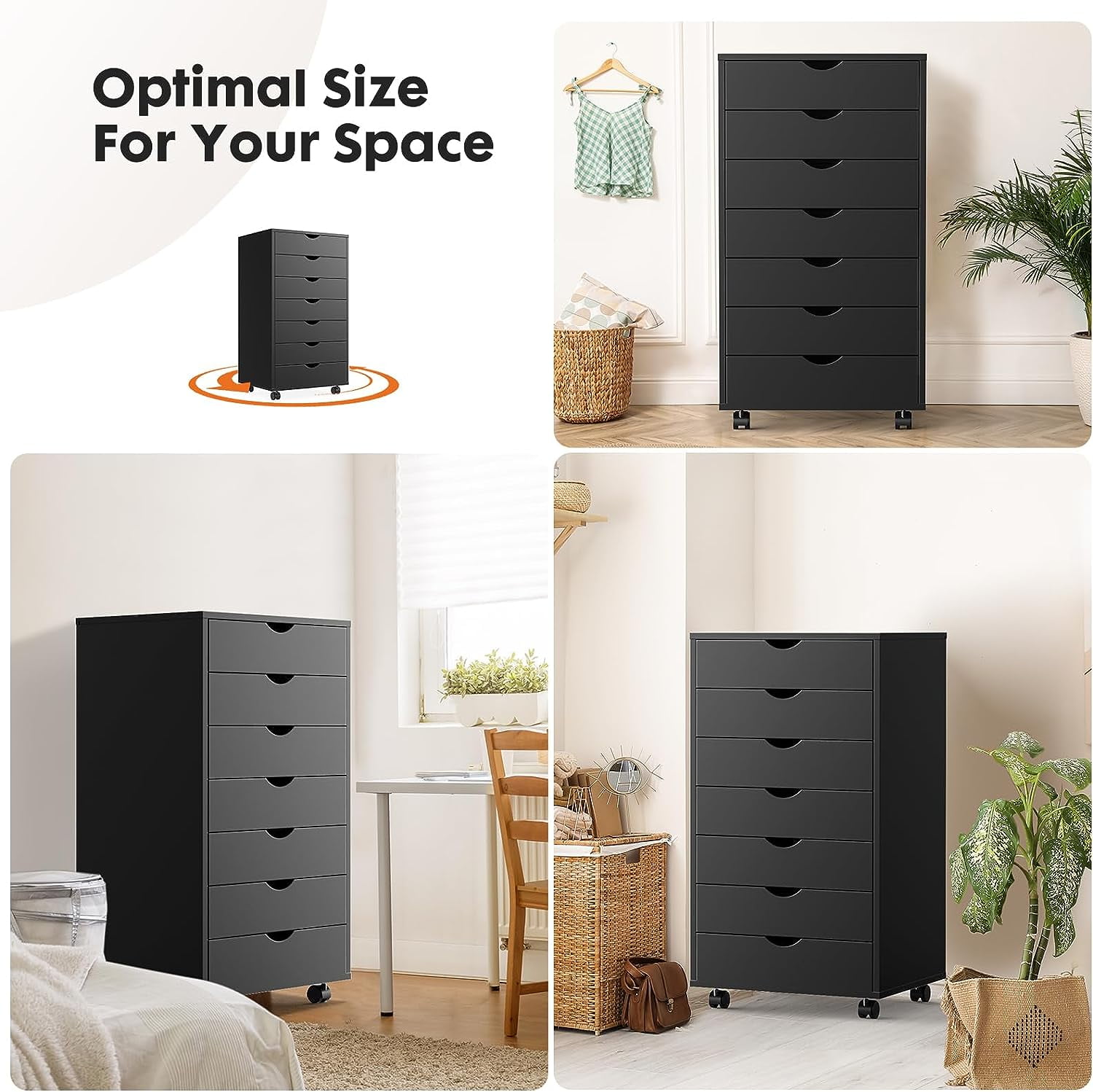 7 Drawer Storage Organizer, 34.25'' Height File Cabinets Dressers With Wheels, Wood Cabinet For Home Office, Bedroom, Study, Black