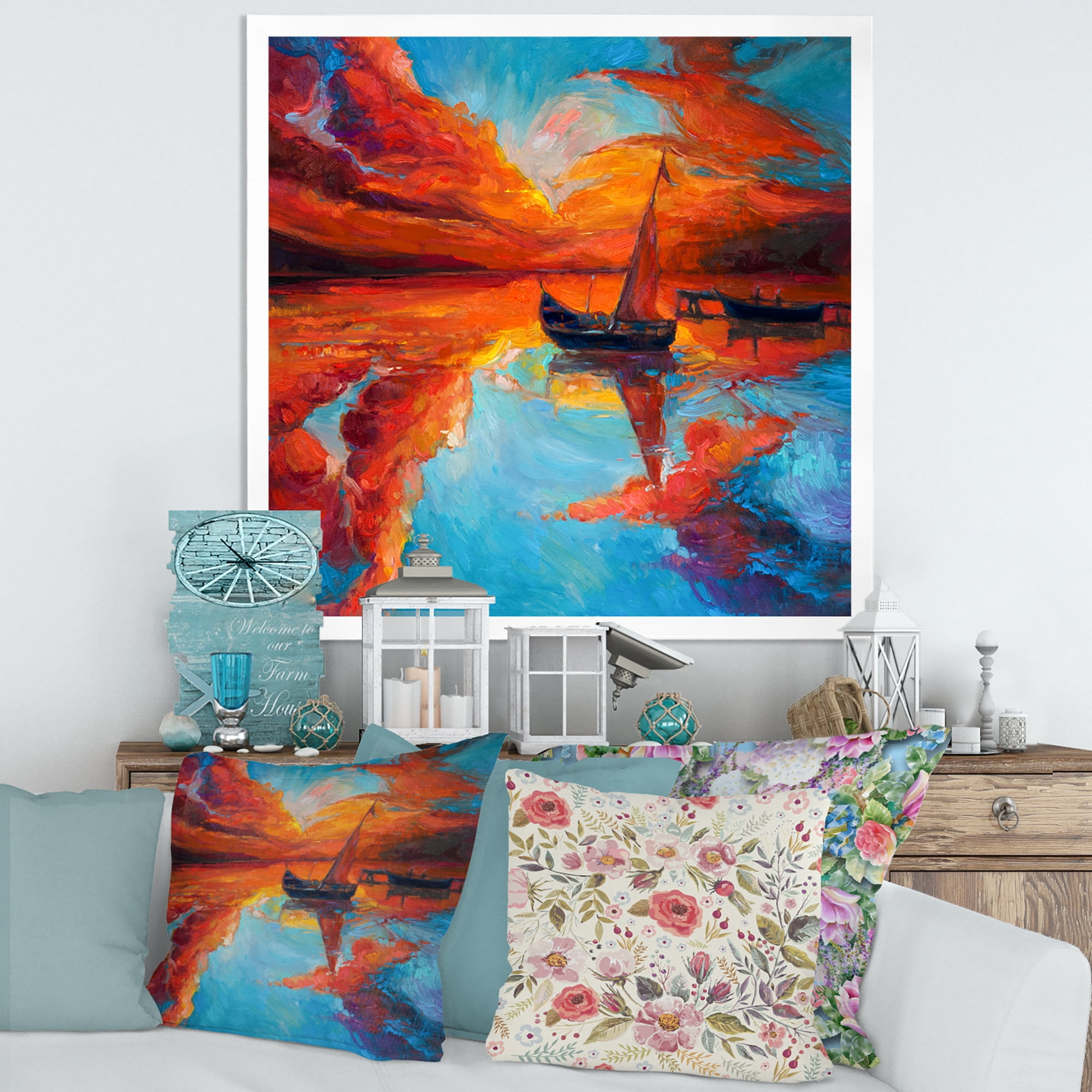 Little Boat During Warm Deep Red Evening Glow 16 in x 16 in Framed Painting Canvas Art Print, by Designart