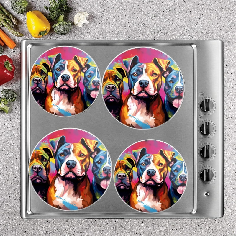 Bahomeck Electric Stove Burner Covers Set Of 4,Cute Pit Bulls In Colorful Vector Art Style Metal Gas Stove Burner Covers,Protecting Gas Stoves,8 Inch And 10 Inch