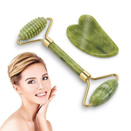 Pinkiou Jade Roller&Gua Sha Set for Face Roller Massage,Skin Care Tool for Wrinkles&Eye Puffiness Removal