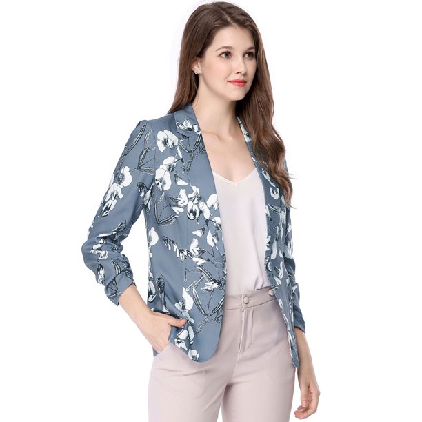 Allegra K Chaqueta Floral Frente Abierto Solapa Con Muescas Para Mujeres - Azul/L Unique Bargains Chaqueta