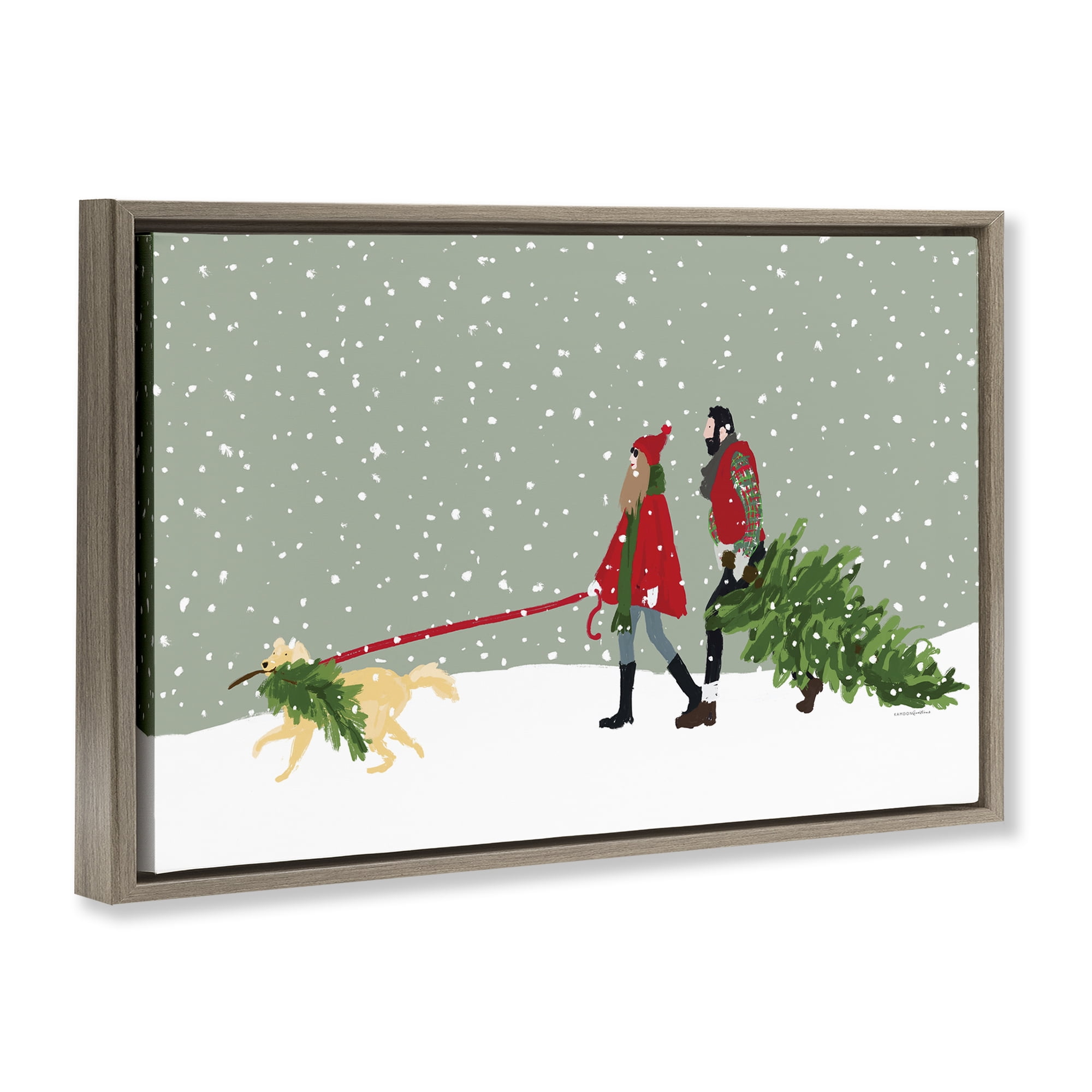 Stupell Industries Couple with Christmas Tree Holiday Painting Brown Floater Framed Canvas Art Prints Wall Art, 25 x 17