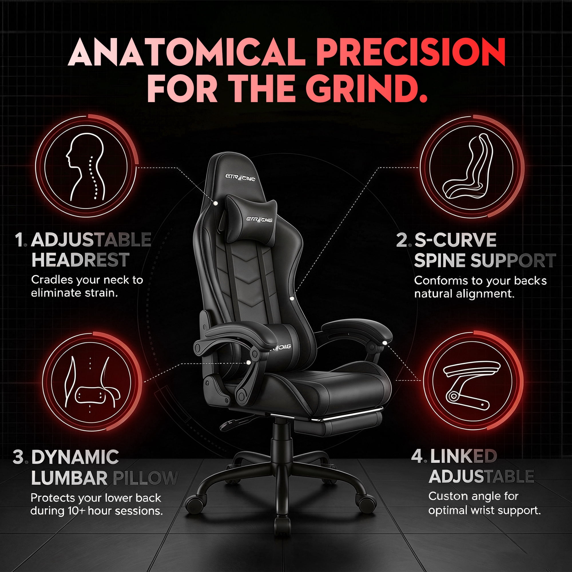 GTRACING Ergonomic GTWD-200 Gaming and Office Chair with Adjustable Pillows and Footrest, Black