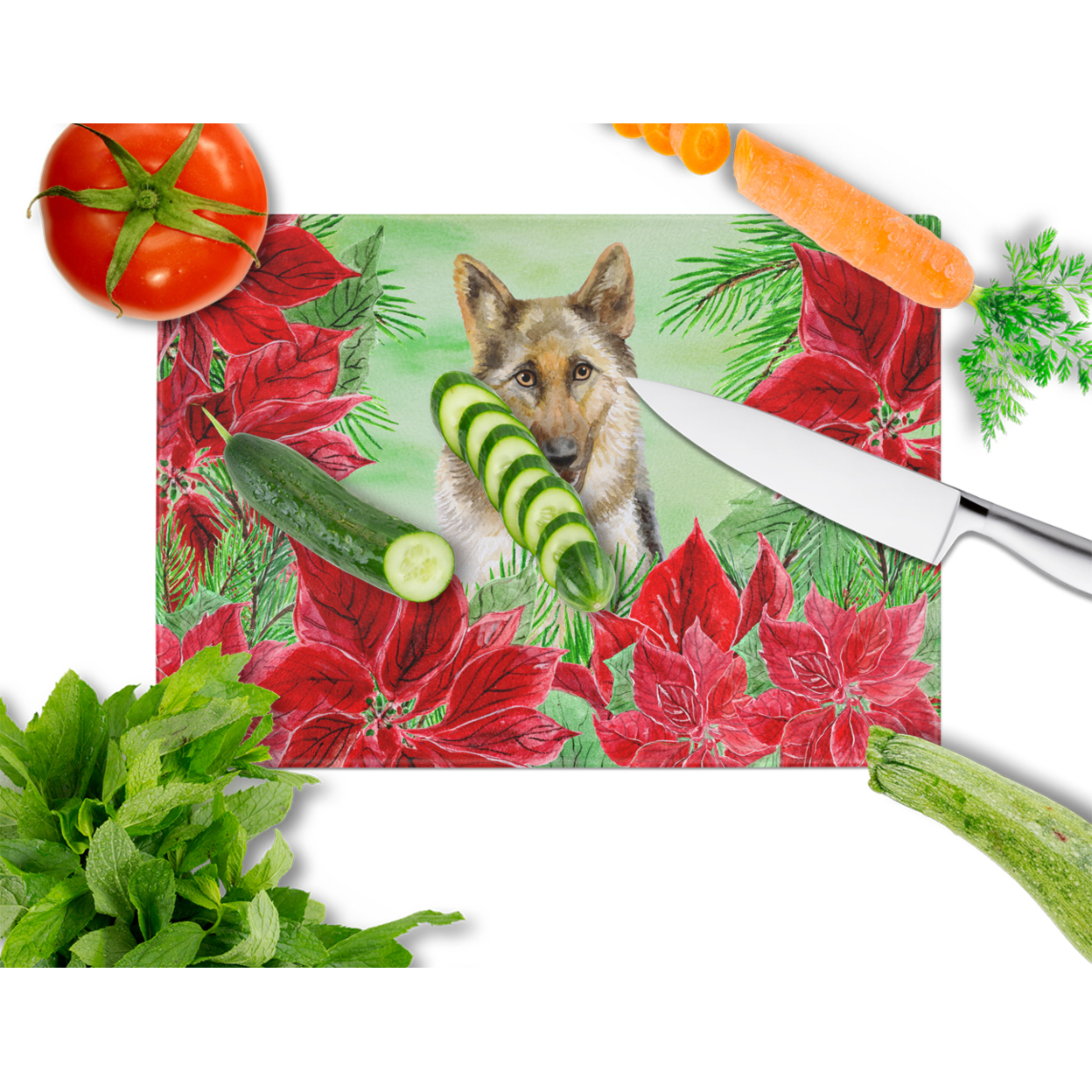 Caroline's Treasures German Shepherd Poinsettas Glass Cutting Board Large