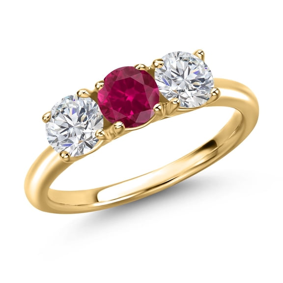 Gem Stone King 18K Yellow Gold Plated Silver Red Created Ruby and Lab Grown Diamond Engagement Ring for Women | 1.60 Cttw | Round 5MM | Gemstone July Birthstone | Size 8