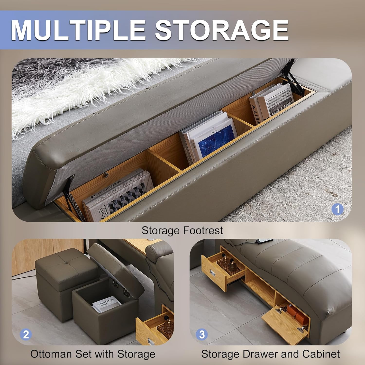 Multifunction Smart King Bed Frame, Upholstered Platform with Massage Recliner, Storage Drawers, Bluetooth Speaker, USB Charging Port, Adjustable Headboard