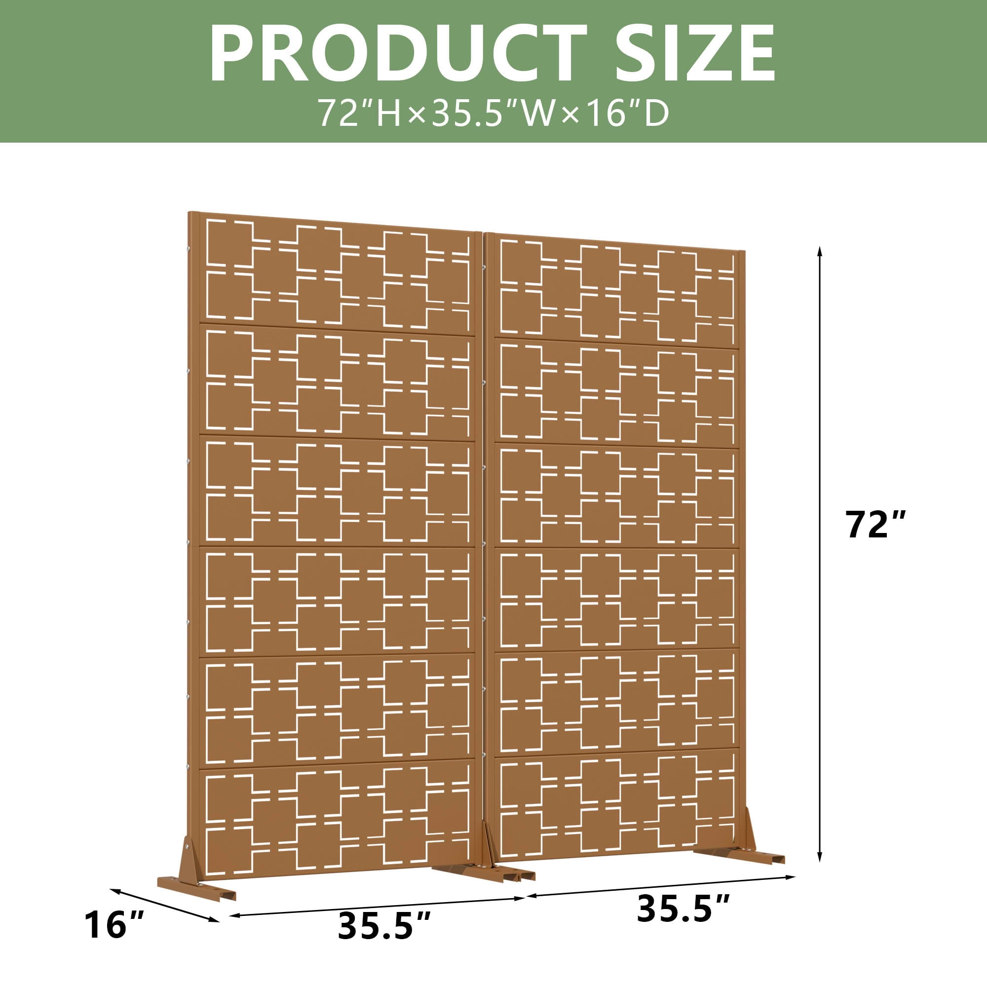 MAYEERTY 2-Piece Outdoor Metal Privacy Screen 6ft × 3ft Brown, 6-Panel Square Geometric Pattern Decorative Screen for Patio