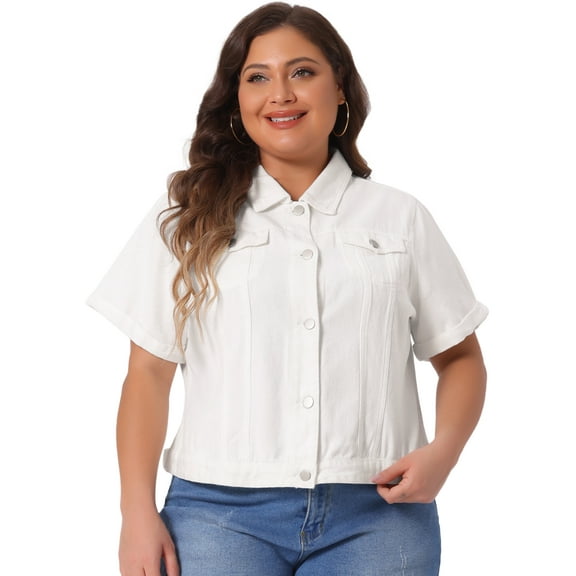 DARING DIVA Women's Plus Size Short Sleeve Lapel Button Front Denim Jacket 2X White