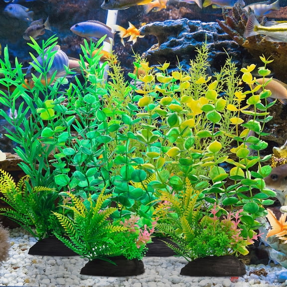 shuaien 4 Pcs Fish Tank Decorations for Medium/Large Fish, 11 Inch Tall Artificial Aquarium Green Plants with Weighted Base, 4 Style Soft LDPE Plastic Aquarium Grass for Aquascaping