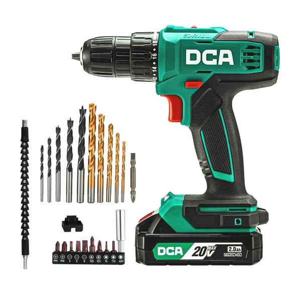 DCA Ensemble de Perceuse Sans Fil, Couple de 336 Pouces, Mandrin Sans Clé de 3/8 Pouces, Perceuse Électrique avec Batterie 2.0Ah et Chargeur, 18+1 Positions, Kit de Perceuse 25 Pcs, ADDZ2035