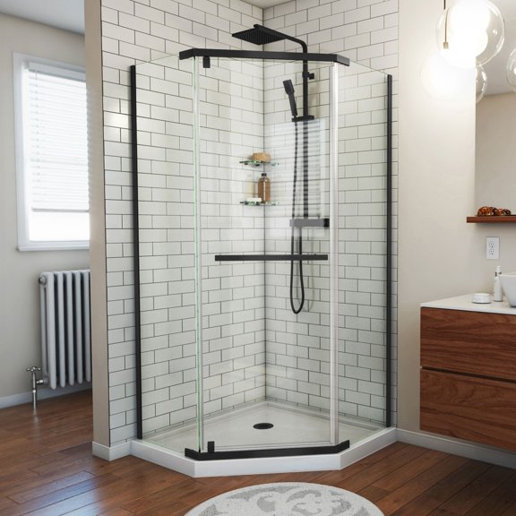 Prism 42 Inch x 74-3/4 Inch Frameless Neo-Angle Pivot Shower Enclosure with Corner Drain Shower Base