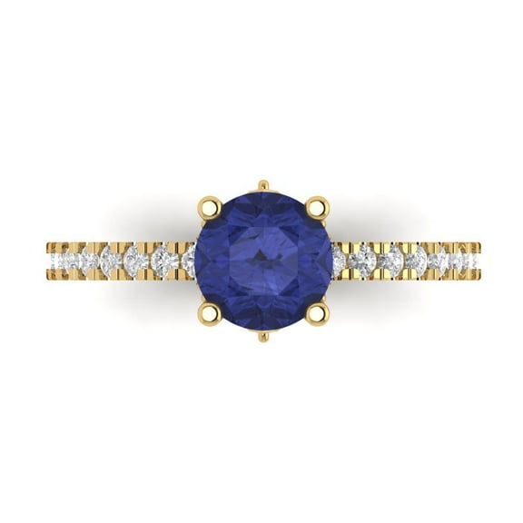 1.465 ctw Solitaire with Zirconia Diamond Accents Anniversary Ring for Women | Round Cut Simulated Tanzanite | Hyperallergenic Solid 14K Yellow Gold