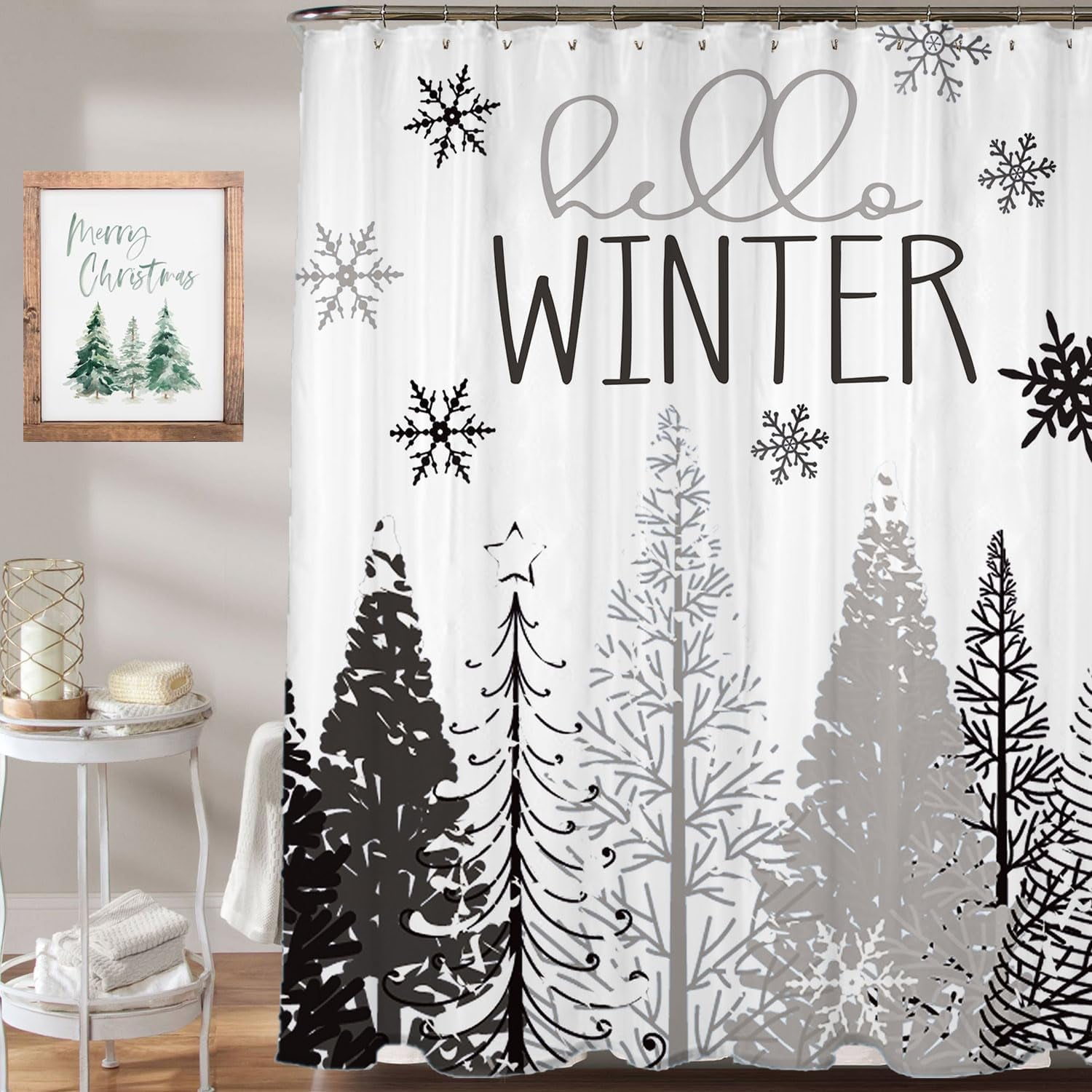 Winter Shower Curtain, 72"X72" Snowflake Shower Curtain, Grey Christmas Shower Curtain Fabric with Hooks, Farmhouse Christmas Tree Bathroom Decor, Holiday Xmas Bathroom Set