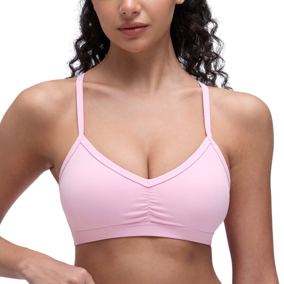 CRZ YOGA Butterluxe Ruched Sports Bras for Women V Neck Y Back Wireless Padded Yoga Crop Top