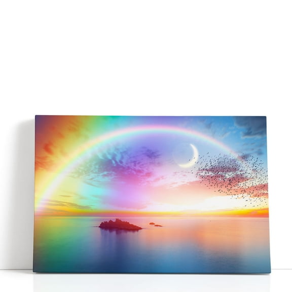 Beautiful Landscape With Rainbow, Sea and Birds - Wrapped Canvas Print Wall Art | 18" W x 12" H