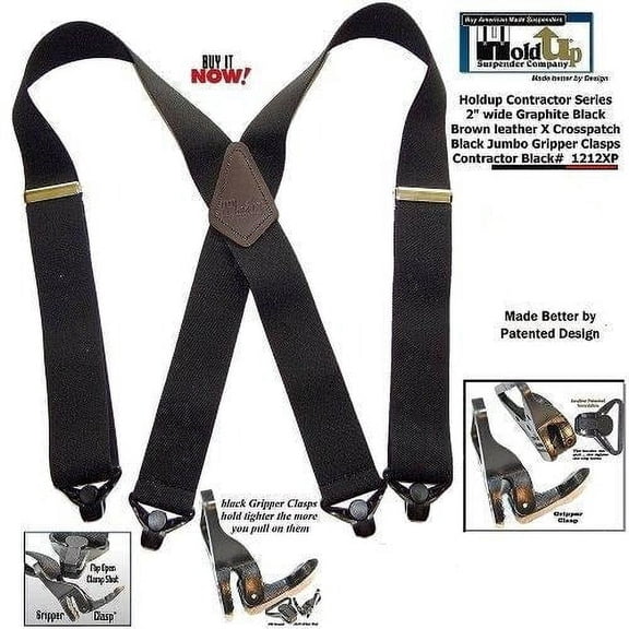 Holdup 2" Wide Black X-back Suspenders with Patented Gripper Clasps