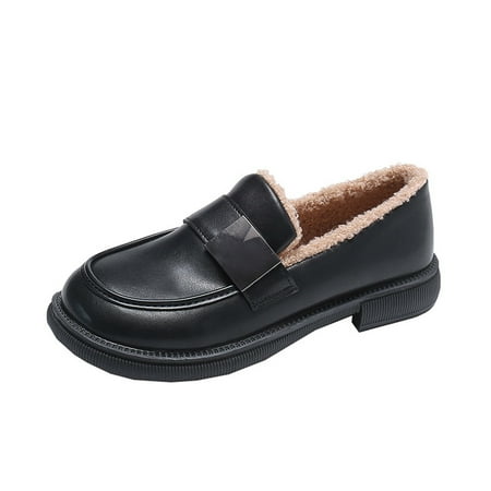 

Cglfd Fall Winter New Style Metal Buckle Plus Cotton Small Leather Shoes Square Heel Low Heeled Shoes