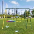 thumbnail image 5 of 5 in 1 Metal Swing Set, Heavy Duty A-Frame Swing Set with 1 Saucer Swing and 1 Belt Swing, Outdoor Playset with Climbing Ladder, Climbing Net and Basketball Hoop, Multicolor, 5 of 9