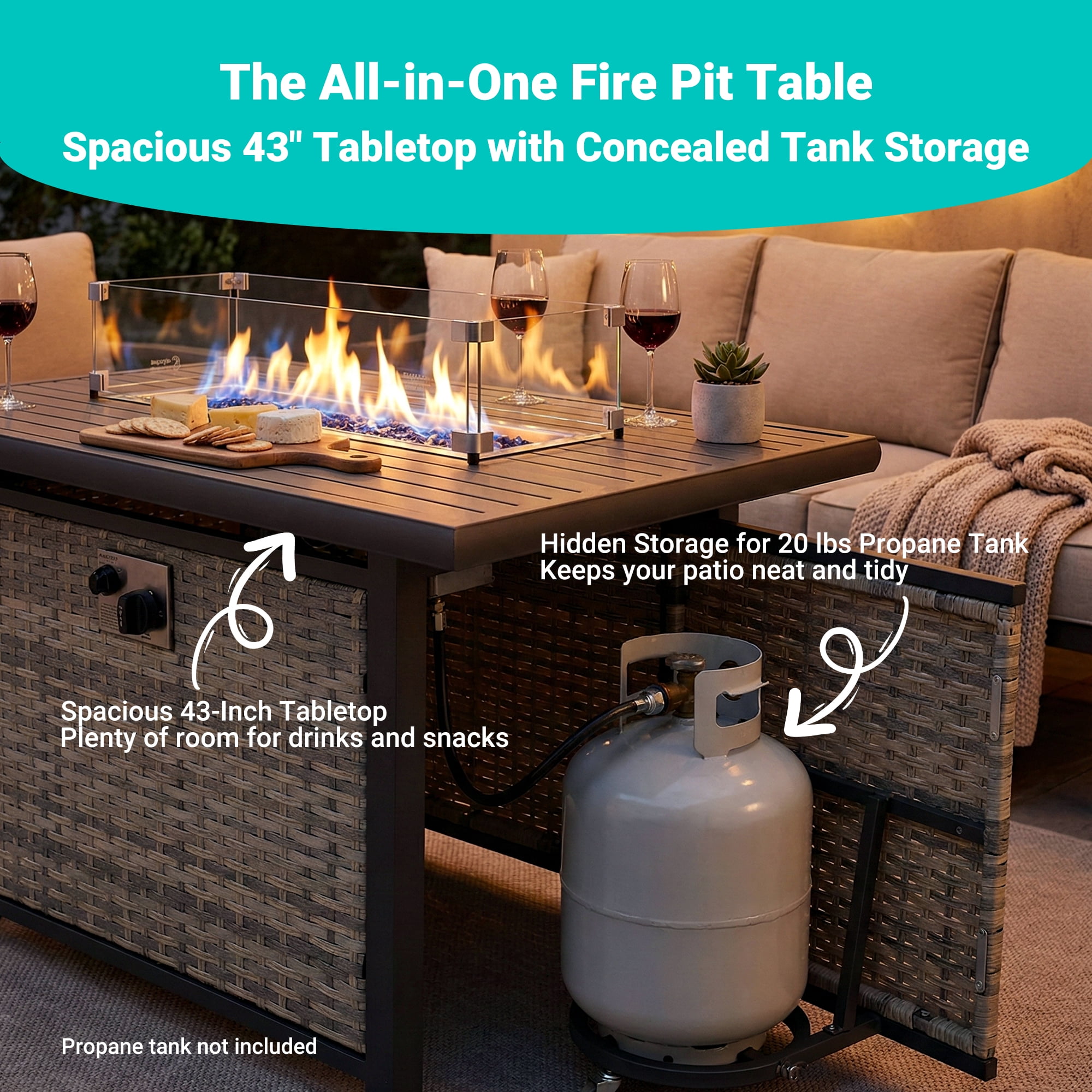 Muphyers 9-Piece Wicker Swivel Rocker Chairs Set with 55000BTU Fire Pit Table & Ottomans, All-Weather Outdoor Patio Furniture Set, Conversation Set for Backyard Porch Deck Garden,Dark Green