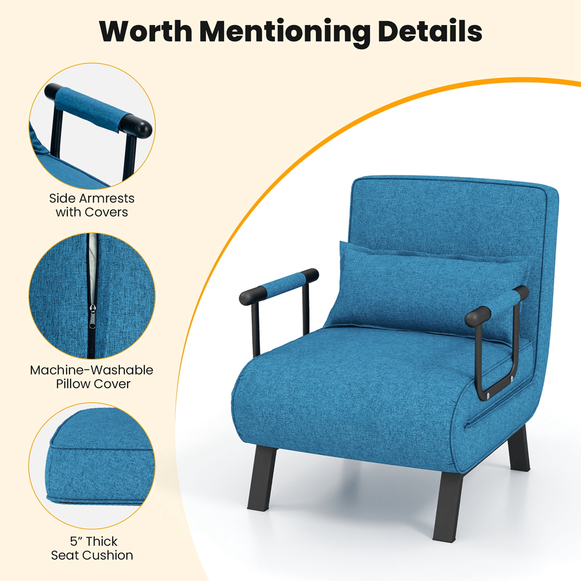Costway Folding 5 Position Convertible Sleeper Bed Armchair Lounge Couch w/ Pillow Blue