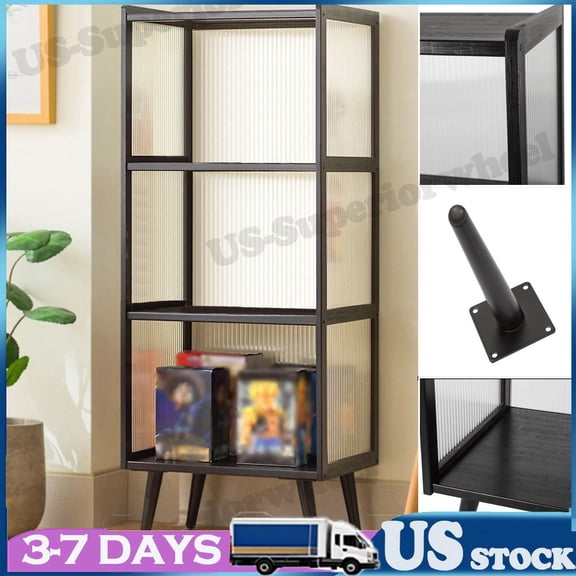 Wooden Collectibles Display Cabinet with Doors, Curio Cabinet 3 Tiers Bookcase