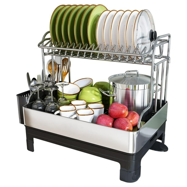 Escurridor de Trastes Acero Inoxidable 304 Tamaño Completo de 2 Niveles, Escurridor de Platos con Soporte para Utensilios para Encimera de Cocina de La Familia Grande