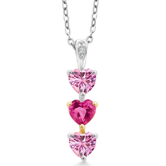 Gem Stone King Keren Hanan Lab Grown Diamond 3 Stone Heart Shape Pendant Necklace with Chain 925 Silver and 10K Yellow Gold Pink Moissanite Created Sapphire (1.61 Cttw)
