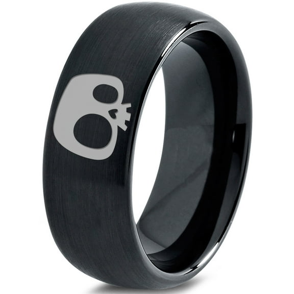 Tungsten Bony Skull Skeleton Head Band Ring 8mm Men Women Comfort Fit Black Dome Brushed Polished