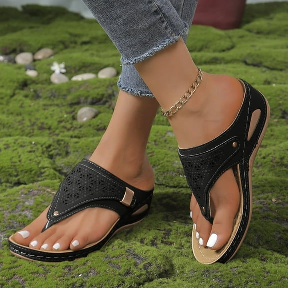 XDDLITP Orthopedic Sandals for Women with Arch Support 2025 Leather Platform Beach Slides for Wide Width Feet,Black 41(US 9)