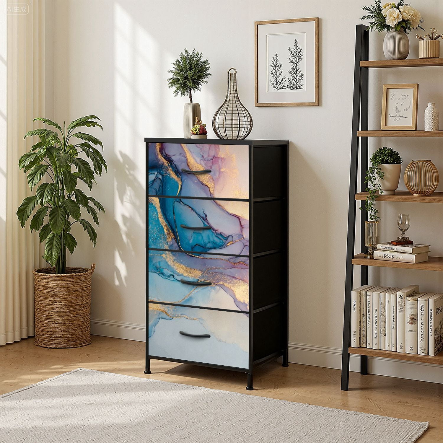 Boho Dresser for Bedroom with 4 Storage Drawers Luxury abstract fluid art painting alcohol ink technique mixture blue Dressers Chest of Drawers Steel Framed Fabric Closet Organizers for Entryway
