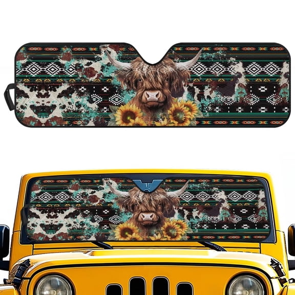 Psesaysky Highland Cow Sunflower Windshield Sun Shade for Car Off-road Vehicle (52.95x16.14 Inches), Aztec Tribal Sun Shade Windshield, Shades for Front Windows, Protector Blocks UV, Car Decor