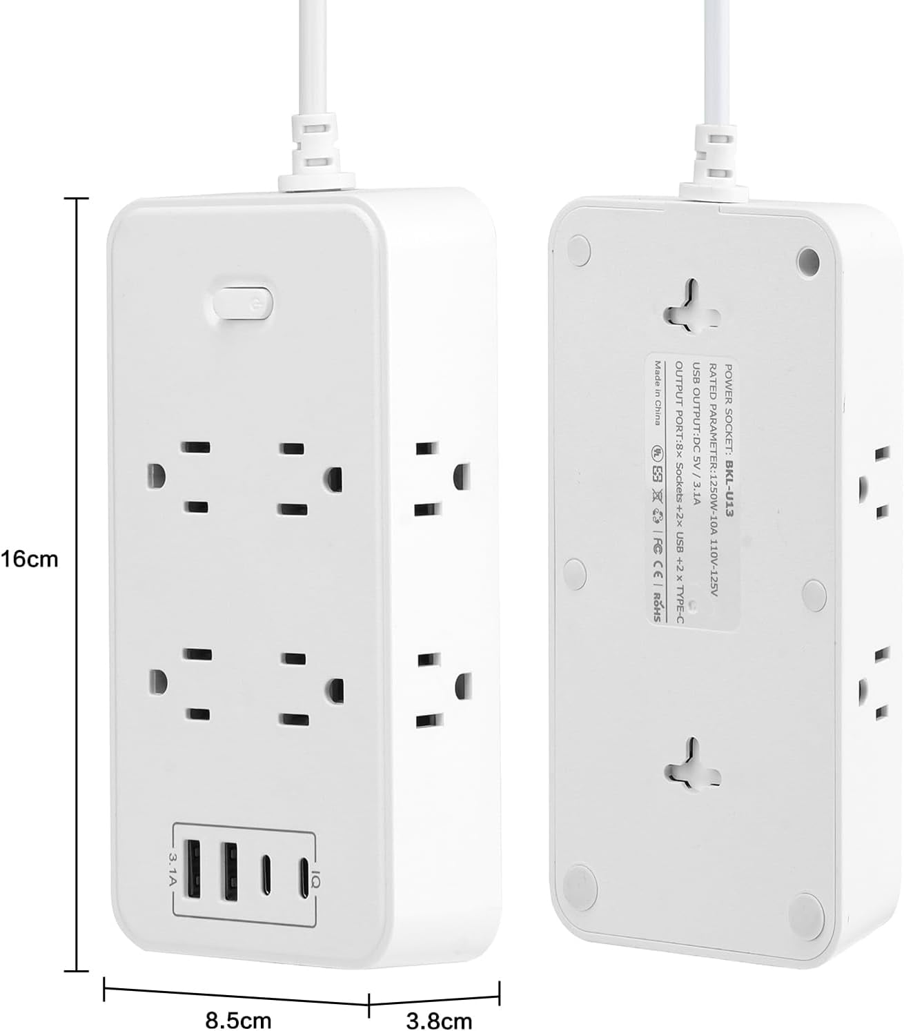 45° Flat Plug Power Strip with USB C, 6FT Extension Cord, 8 Outlets and 4 USB Ports (2 USB C 2 USB A), Multi Plug Outlet Extender with Surge Protection for Home Office Dorm - White