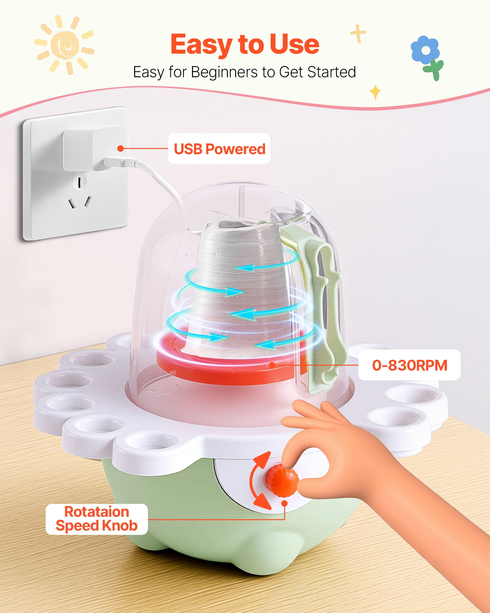 VEVOR Mini Pottery Wheel, 2 in and 3 in Turntables, Adjustable Speed, Electric Clay Wheel for Kids and Beginners, Complete Pottery Set with Clay Sculpting Tools, Gift for Boys and Girls, Green
