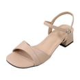 thumbnail image 2 of CQONEPT Women Plus Size Sandals Soft Leather Shoes Thick Heel Buckle High Heel Shoes Square Toe Summer Casual Shoes Khaki 6.5, 2 of 7