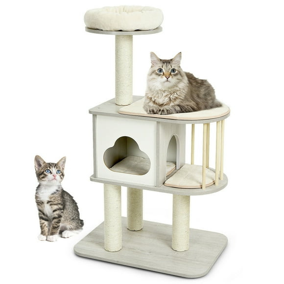 Gymax 46'' Modern Wooden Cat Tree with Platform & Washable Cushions for Cats & Kittens