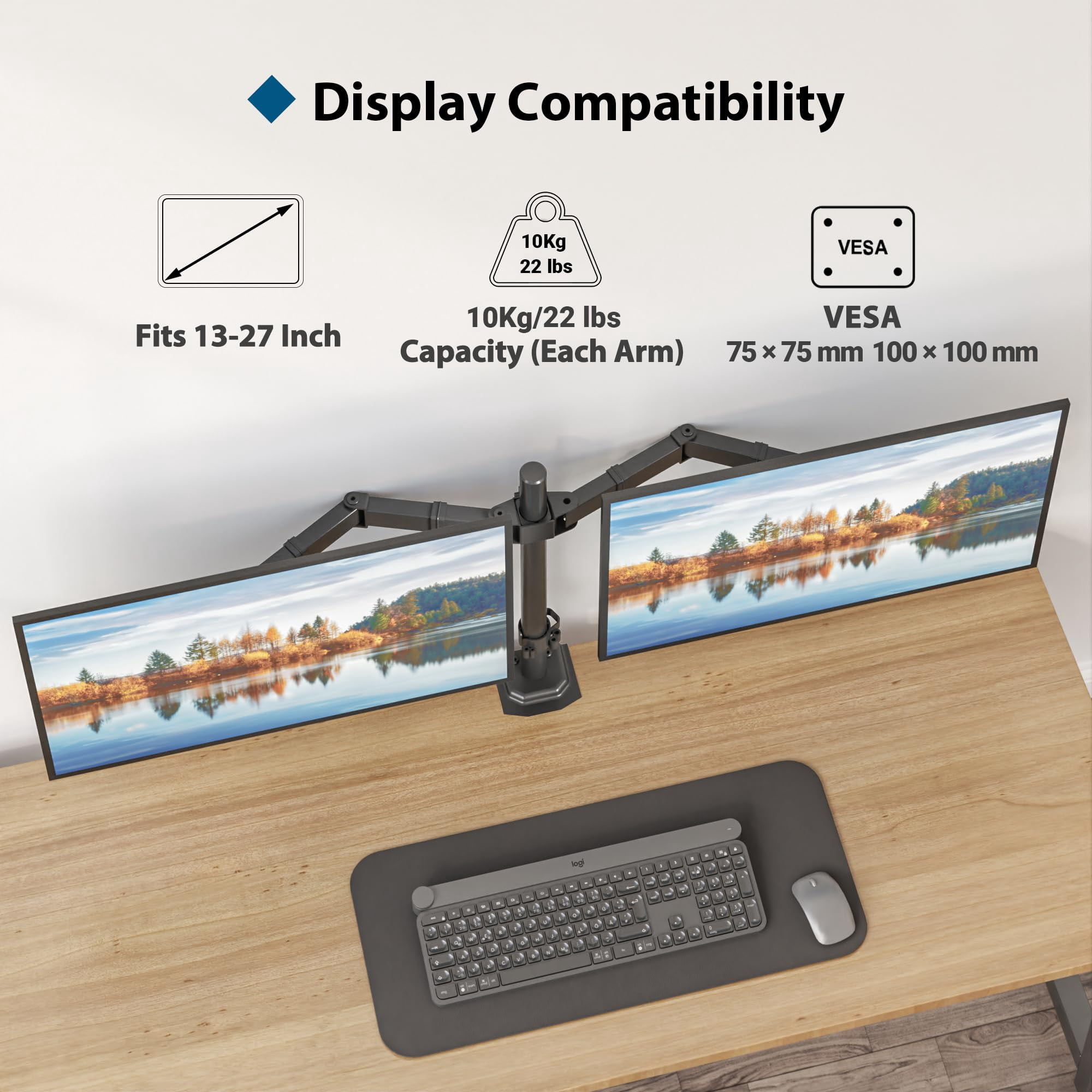 BONTEC Dual Monitor Desk Mount, Full Motion Adjustable Monitor Stand for 13–27 Inch Screens, Heavy Duty Arms Hold Up to 22 lbs Each, VESA 75x75/100x100 mm, C Clamp and Grommet Base, Cable Management