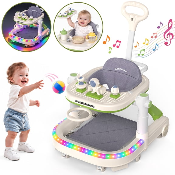 WonderStone 7-in-1 Baby Walker, Foldable Baby Activity Center with Mini Basketball Hoop, Music & Lights, Baby Bouncer Jumper Learning Toy for Boys and Girls Ages 6–12 Months (Green)