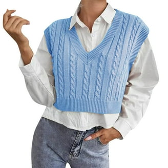 Oversized Cable Knit Sweater Vest Ribbed V Neck-Off-White