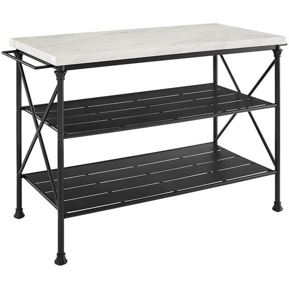 Pemberly Row Metal/Faux Marble Top Kitchen Island in Matte Black
