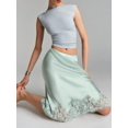 thumbnail image 2 of Mint Green Lace-Trimmed Satin Midi Skirt Elastic Waist Slip Style A-Line For Party Beach Streetwear, 2 of 8
