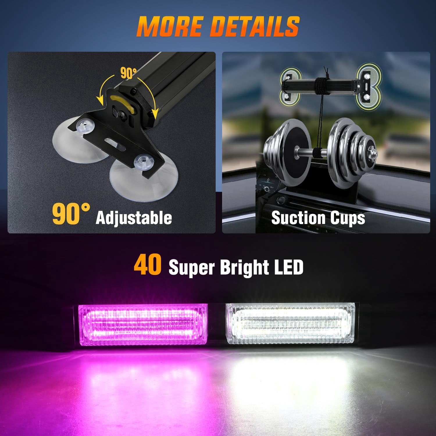 Nilight 40LED Purple White Emergency Strobe Advisor Light Bar with Suction Cups Dash Safety Warning Hazard Flashing Lights Interior Front/Rear Windshield for Trucks Construction Vehicles