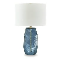 Signature Design by Ashley Tallow Glass Table Lamp, Blue Faceted Base, 18" Tall, Modern Drum Shade