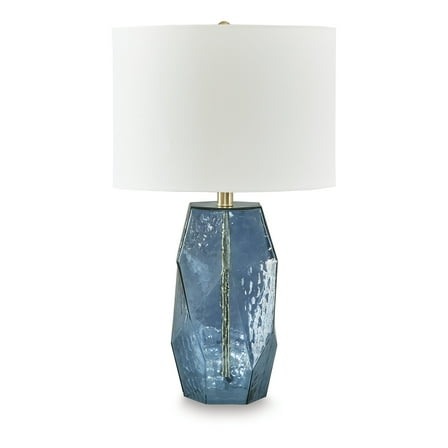 Signature Design by Ashley Tallow Glass Table Lamp, Blue Faceted Base, 18" Tall, Modern Drum Shade