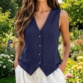thumbnail image 2 of Huangx Vest Tops for Women Summer Cotton Linen Sleeveless Dressy Casual Button down V Neck Waistcoat Vests Navy S, 2 of 5