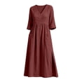 thumbnail image 4 of CHGBMOK Cotton Linen Dresses for Women Fall 3/4 Sleeve V Neck Fitted Waist Dress Side Slit Midi Dress with Pockets, 4 of 6