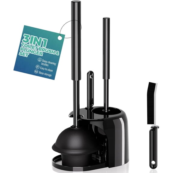 3 in 1 Toilet Brush and Plunger Set with Crevice Cleaning Brush, Toilet Plunger and Brush Set with Extra Long Handle, Plungers for Bathroom Accessories, Toilet Plunger with Holder, Black